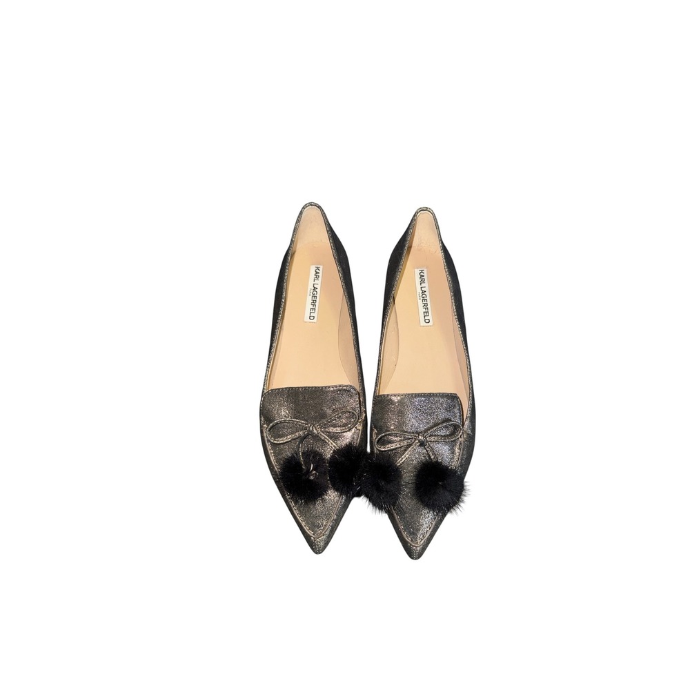 Karl Lagerfeld Paris Dalli Bronze Metallic Leather Mink Fur Pom Pom Flats 11M